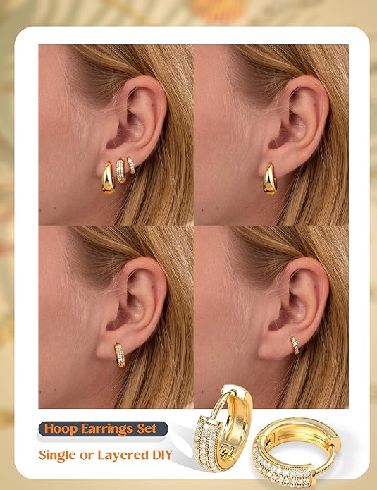 Small Chunky Gold Hoop Earrings for Women Hypoallergenic Gold Silver Hoops for Sensitive Ears Non Tarnish 14K Gold Filled Huggie Hoop Earring Stacks for Multiple Piercing Lightweight 3Pairs EH-005