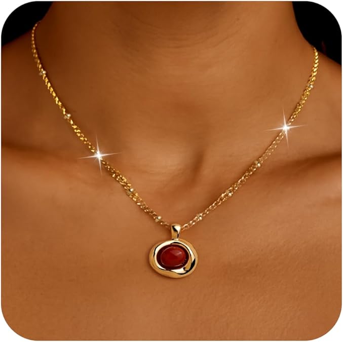 Gold Stone Pendant Necklaces for Women, Chunky Gemstone Dangle Necklace Wedding Prom Fashion Jewelry Gift XL-037