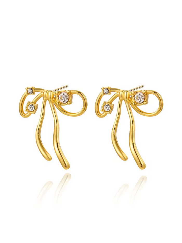 gold bow earrings crystal accent earrings dainty earrings minimalist design elegant jewelry chic style feminine accessory trendy gold earrings EH-041