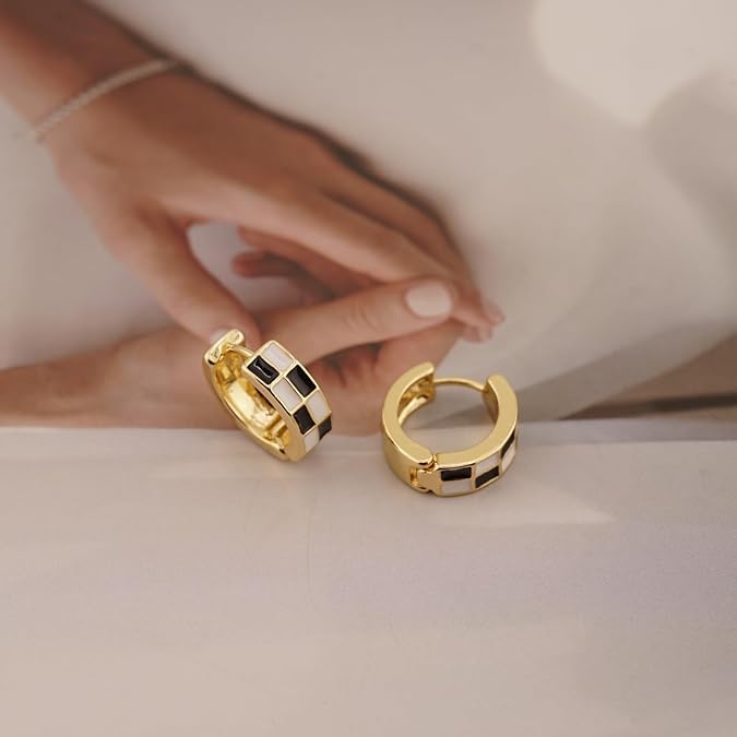 Chic Checker Small Hoop Cartilage Earrings Teacher Earrings for Women;White Black Enamel Hypoallergenic Hooped Gifts Gold and Silver tone EH-049