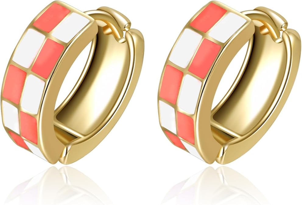 Chic Checker Small Hoop Cartilage Earrings Teacher Earrings for Women;White Black Enamel Hypoallergenic Hooped Gifts Gold and Silver tone EH-049