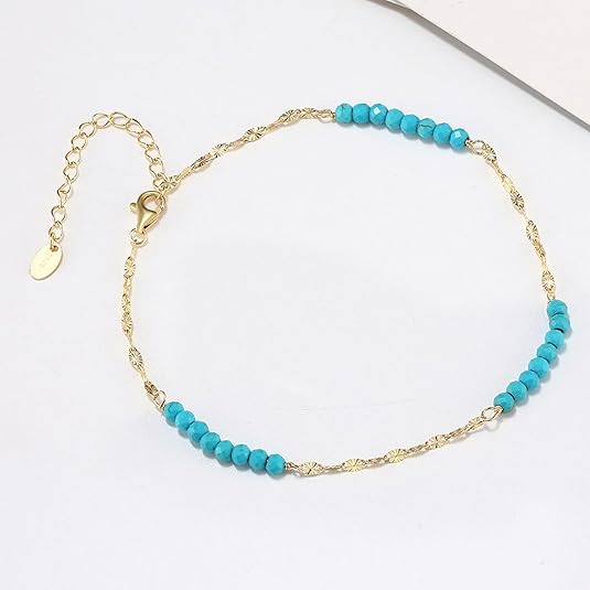 3mm Bead Turquoise Anklet 925 Sterling Silver Gold Plated Adjustable for Women Gift JL-013