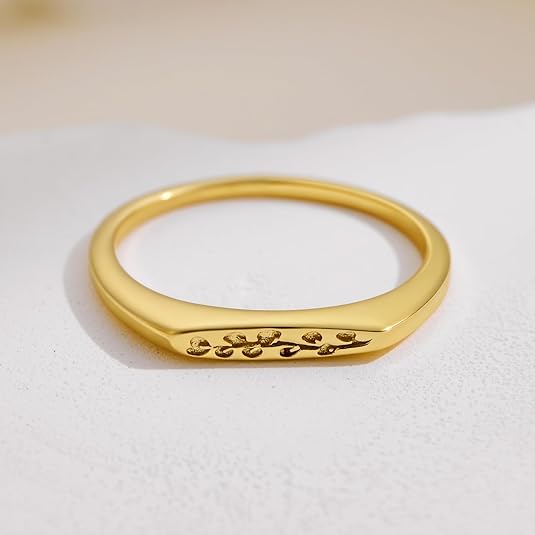 14K Gold Plated Signet Rings for Women Non Tarnish 925 Sterling Silver Dainty Stackable Gold Ring, Waterproof Engraved Flower Thin Band Unique Everyday Jewelry Gift JZ-029
