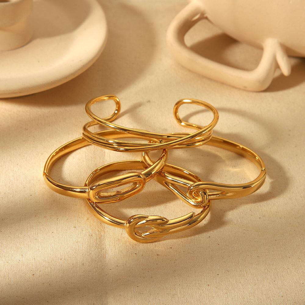 Multi-style gold-toned fashion bracelet set with knot/oval/criss-cross designs, multi-size options, tarnish-resistant metal and stackable function SL-053
