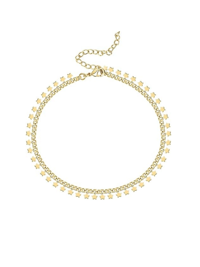 Gold Plated Charm Link Chain Anklets for Women | Dainty Cubic Zirconia Boho Dot Evil Eye Star Station Solitaire Pearl Beaded Festival Adjustable Gold Anklets JL-012