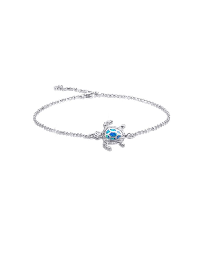 Blue Opal Sea Turtle Ankle Bracelet, Sterling Silver Anklet Necklace Jewelry Set For Women Gifts New Version 4 Level Adjustable Anklet JL-015