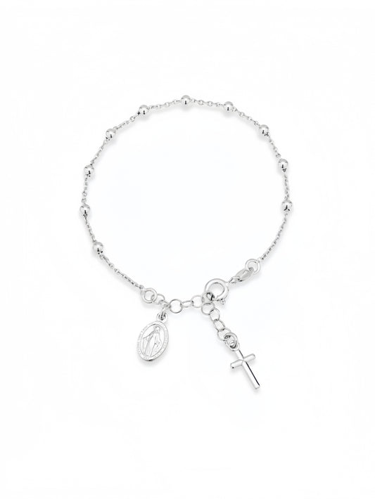 925 Sterling Silver Italian Rosary Cross Bead Charm Link Chain Bracelet for Women, Adjustable SL-041