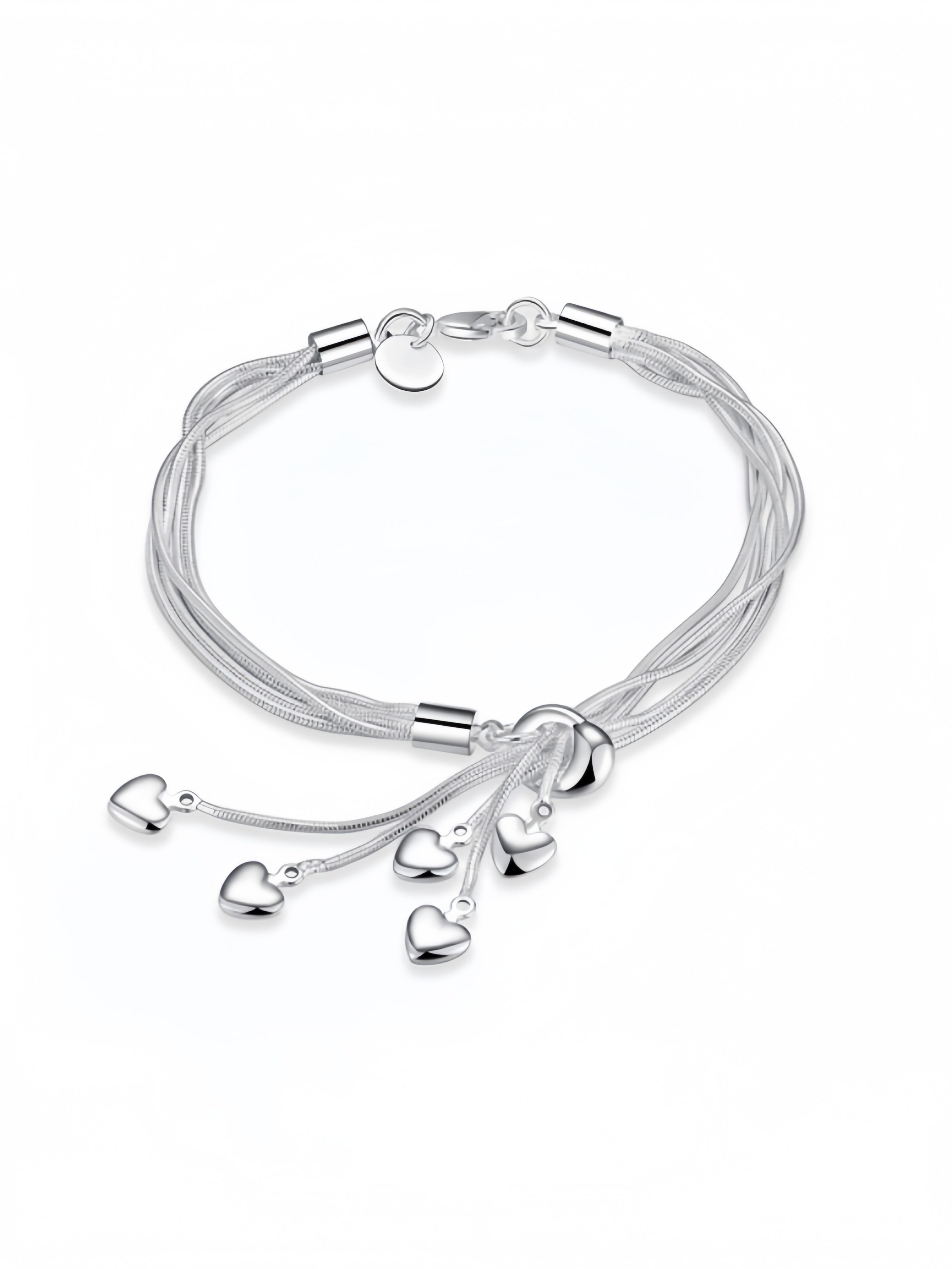925 Sterling Silver Five-Line Chain with Five-Heart Bracelet Bangle SL-039