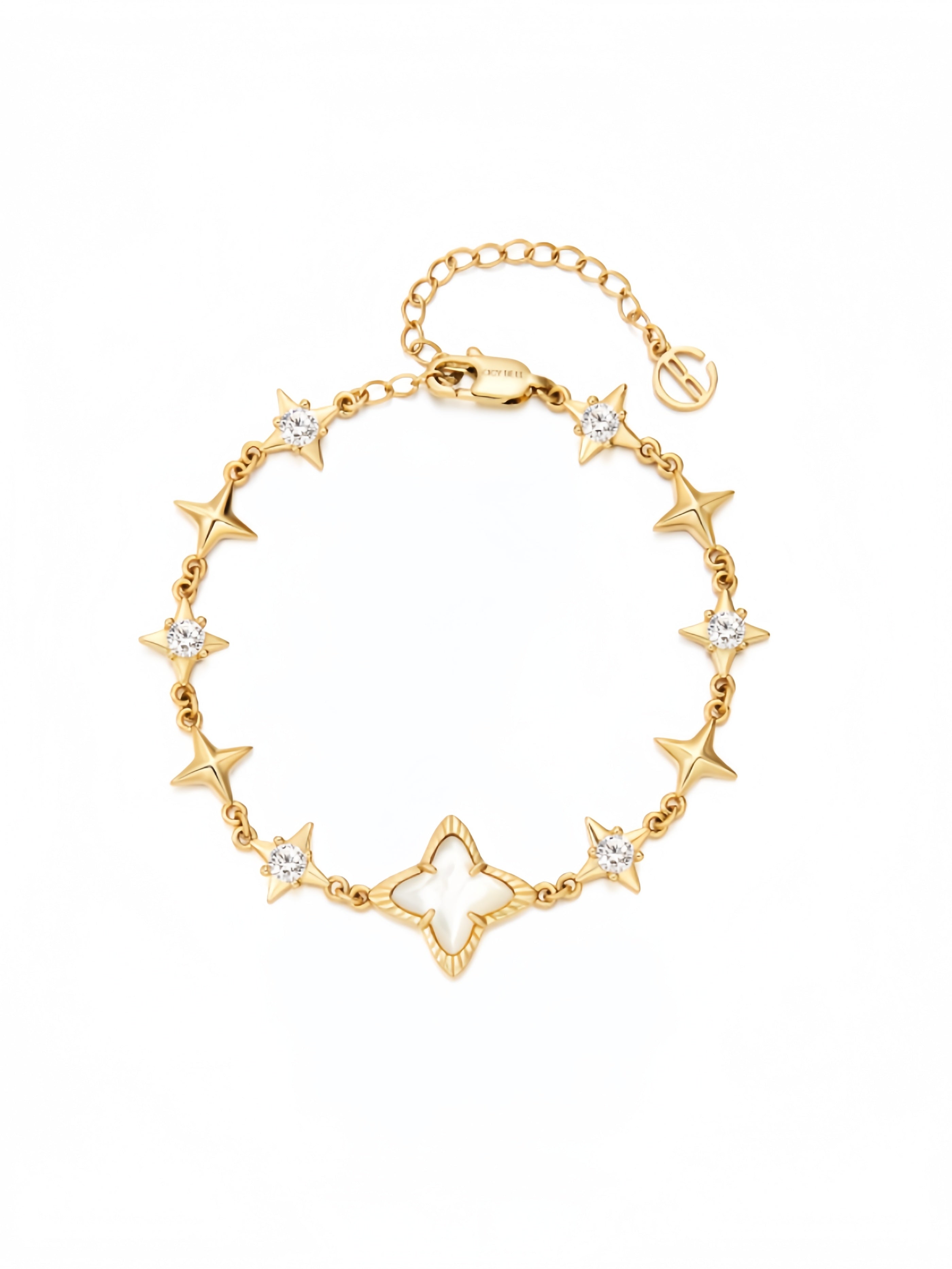 Womens 18k Gold Plated White Shell Cubic Zirconia Square Cross Adjustable Chain Link Bracelets 6.69" with 2" Extender SL-037