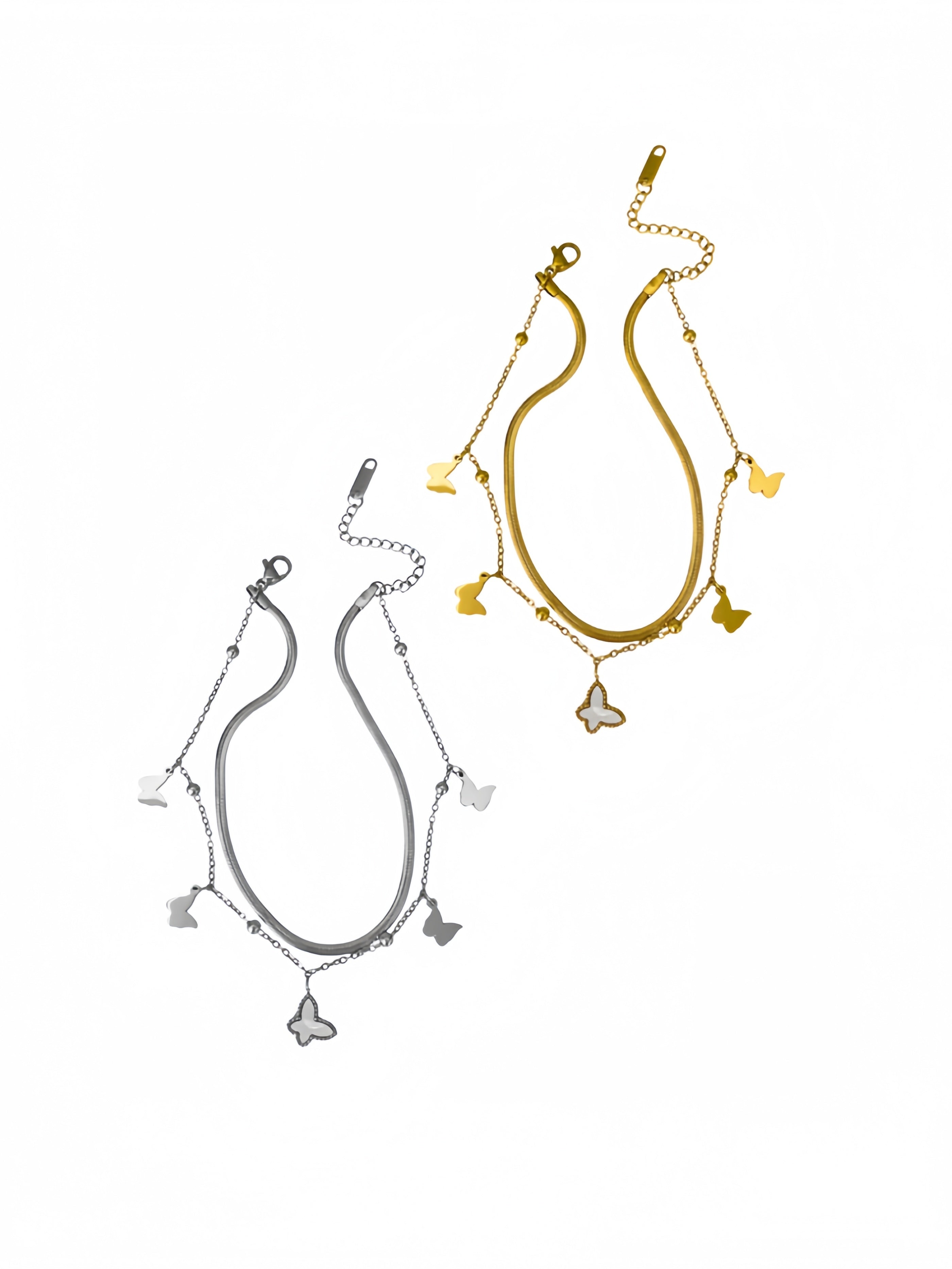 butterfly charm anklet layered design snake chain gold plated silver tone adjustable extender delicate dainty summer jewelry gift for her JL-001