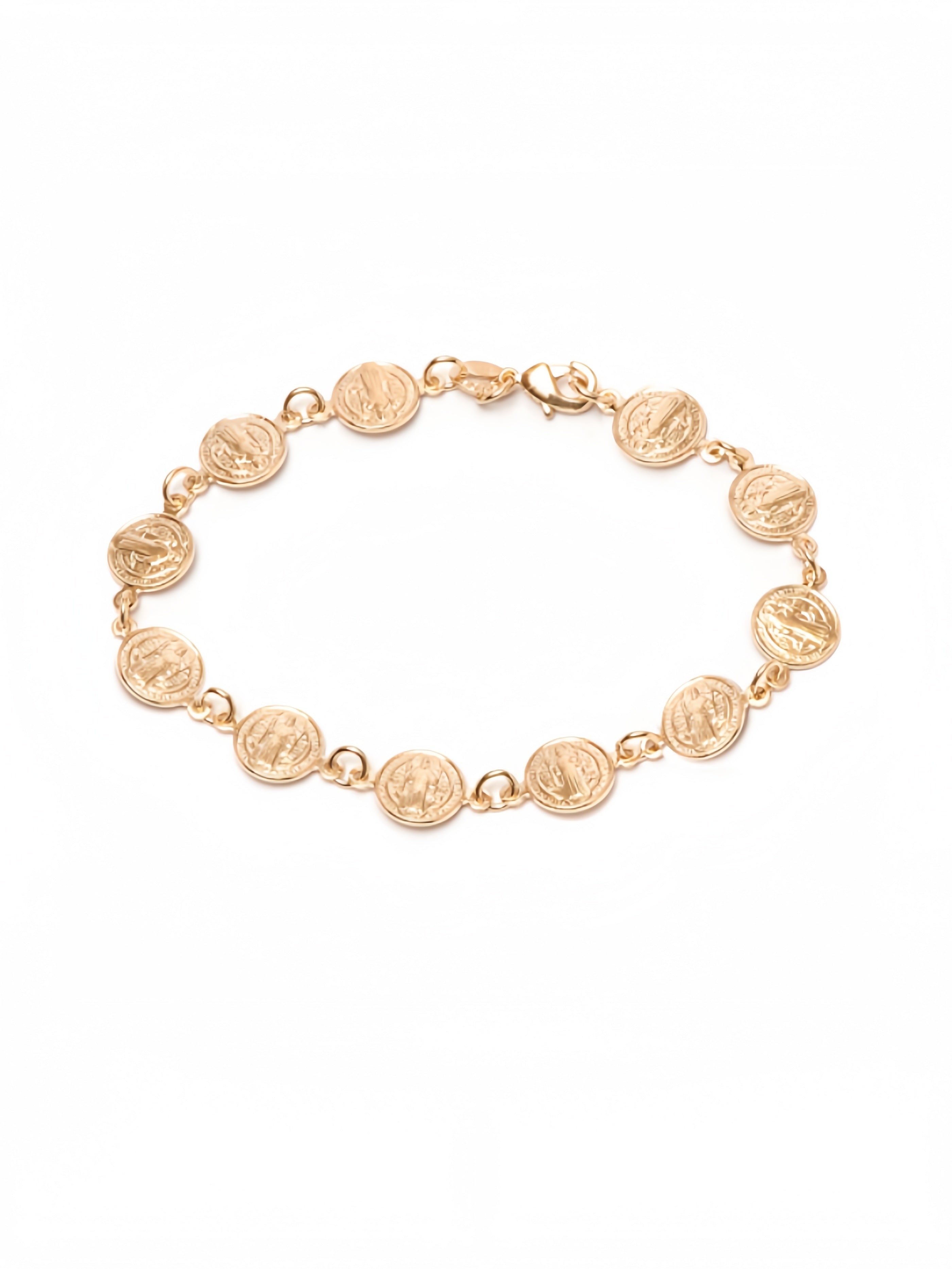 18K Gold Plated Religious Bracelet with Saint Benedict Coins, 7.5 Inches SL-035