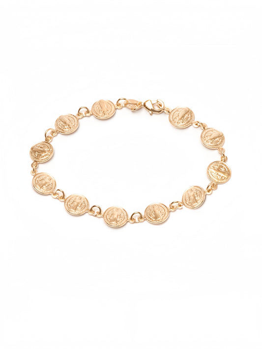 18K Gold Plated Religious Bracelet with Saint Benedict Coins, 7.5 Inches SL-035