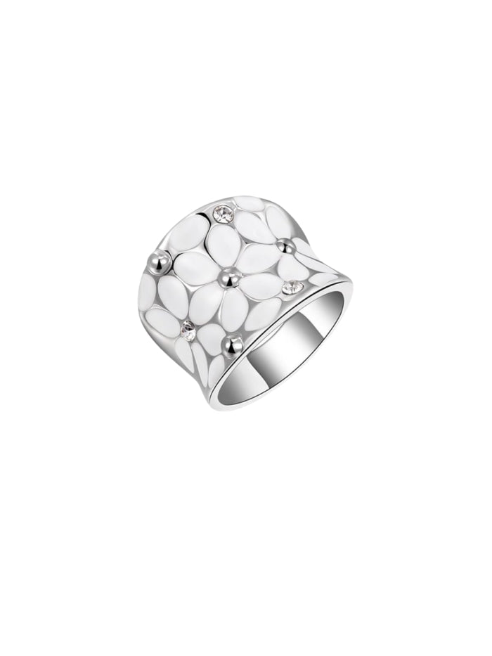 Womens Elegant Enamel Flower White Gold Band Bloom Petal Platinum Wedding Engagement Ring Crystal Inlay JZ-048