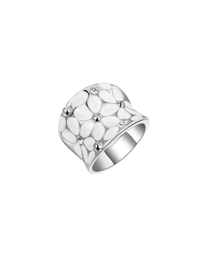 Womens Elegant Enamel Flower White Gold Band Bloom Petal Platinum Wedding Engagement Ring Crystal Inlay JZ-048