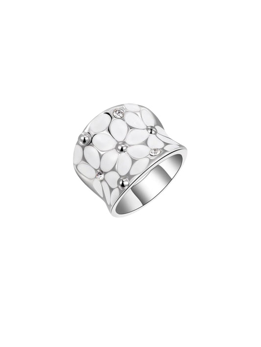 Womens Elegant Enamel Flower White Gold Band Bloom Petal Platinum Wedding Engagement Ring Crystal Inlay JZ-048