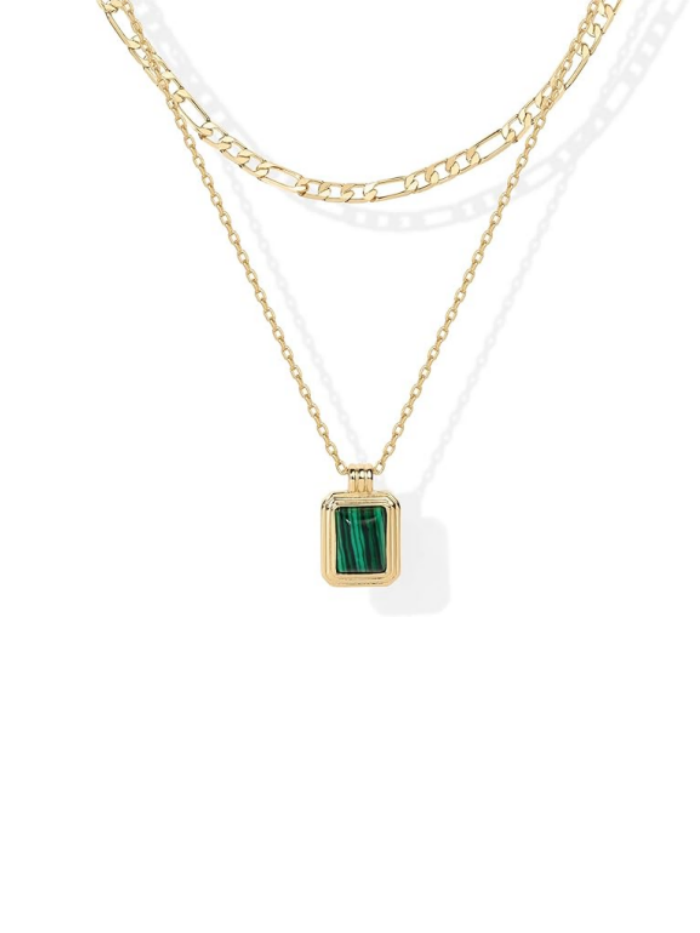 925 Sterling Silver chain Plated Layered Necklaces for Women | Gemstone Pendant Figaro Chain Necklace | Carnelian, Green Aventurine, Malachite Layering Necklace XL-028