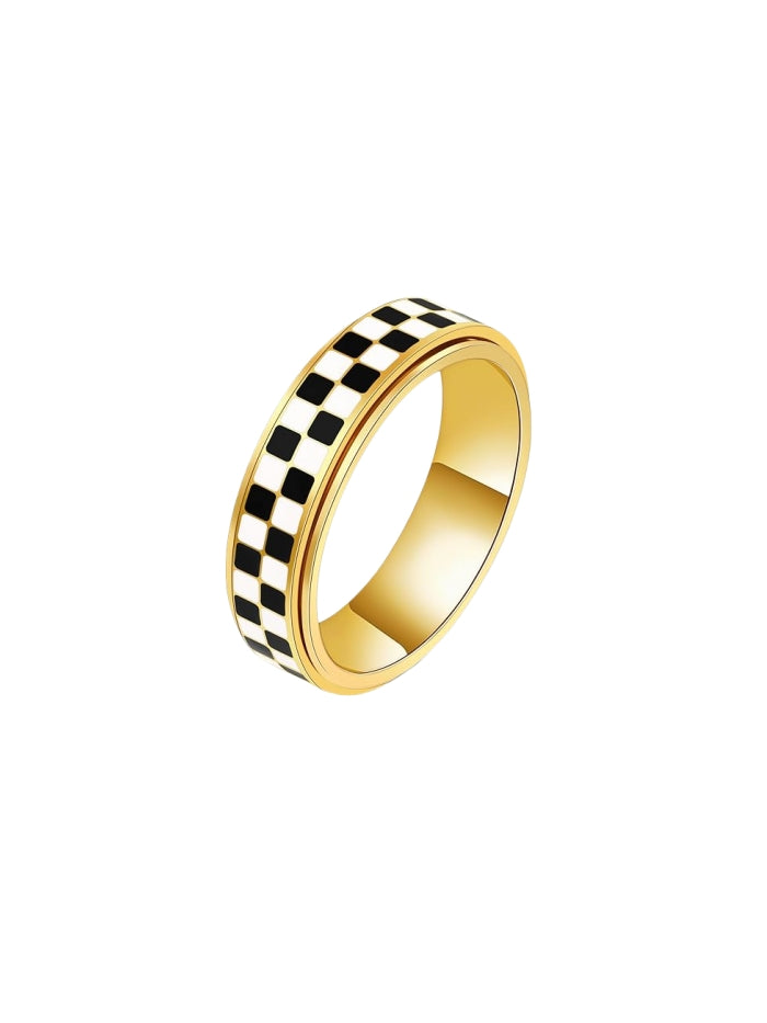 Fidget Ring for Anxiety Women Men, Black and White Checkered Pattern Stainless Steel Spinner Jewelry Anxiety Relief Items for Adults Gold Plated/Silver JZ-047