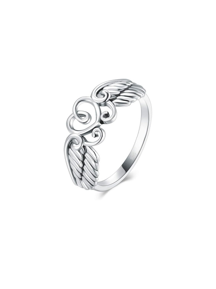 925 Sterling Silver Ring High Polish Heart Angel Wings Ring JZ-043