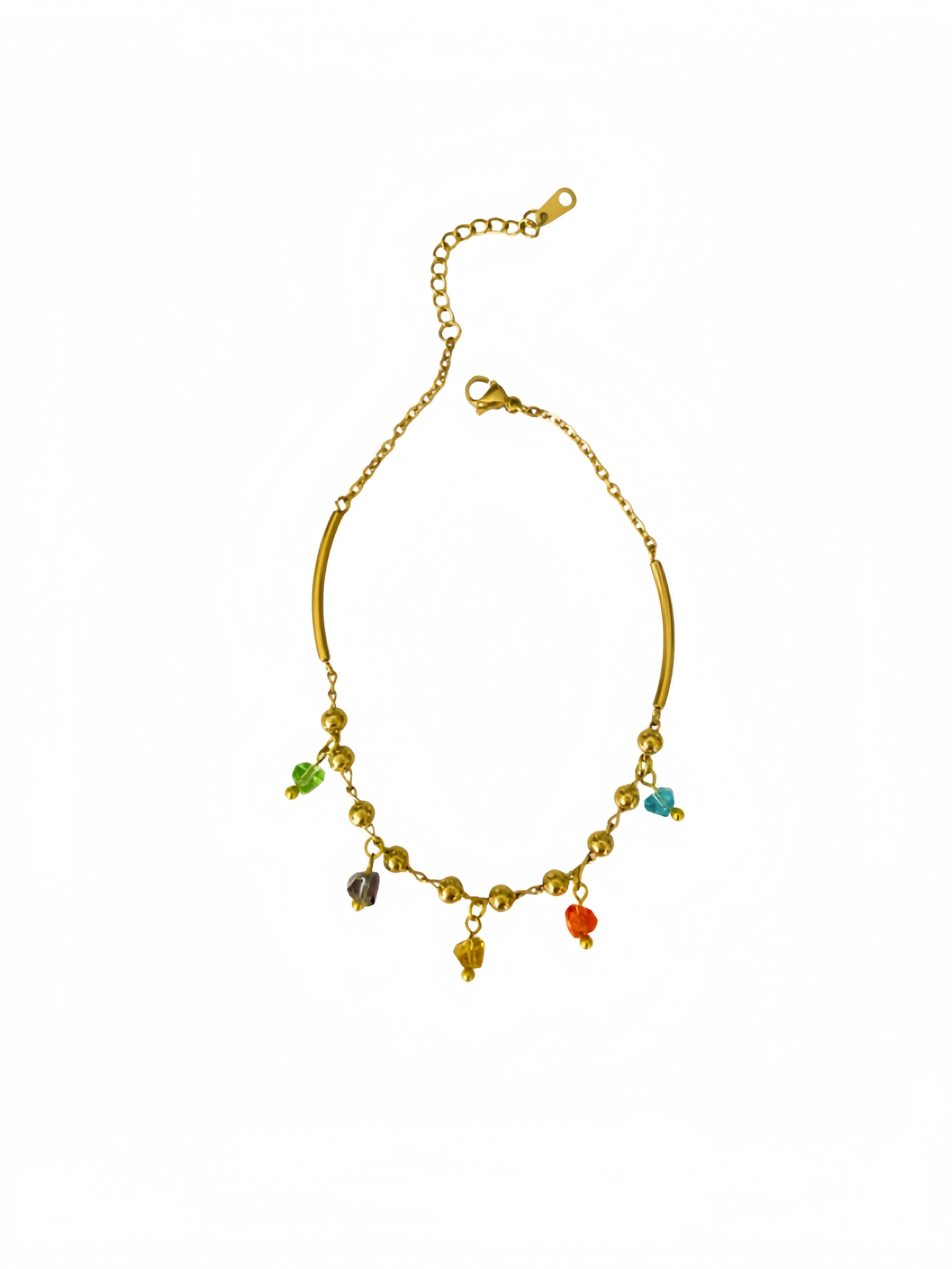 charm anklet ankle bracelet multicolor crystal dangle gold plated beaded chain adjustable extender boho style summer beach jewelry delicate dainty gift for her JL-002