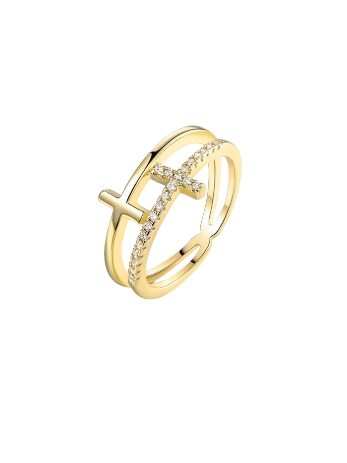 18k Gold Plated Cubic Zirconia Double Cross Ring JZ-037