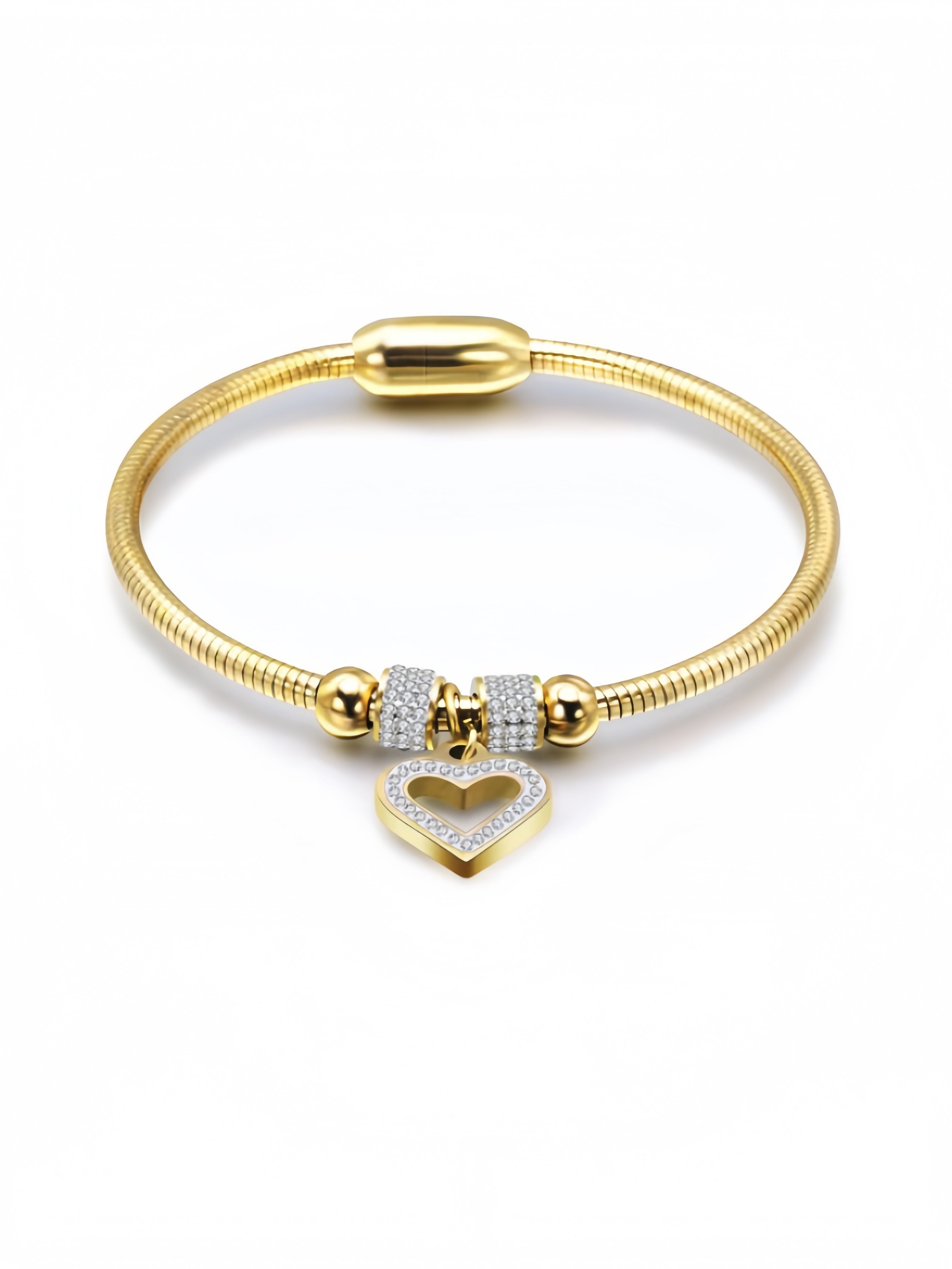 Stainless Steel Heart Charm Cubic Zircon Anniversary Valentine Bangle Bracelet SL-023