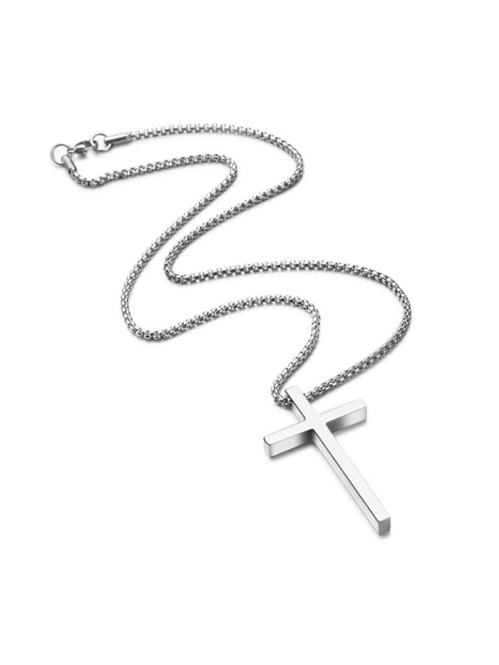 Cross Necklace for Men, Silver Black Gold Stainless Steel Plain Cross Pendant Necklace for Men Box Chain 16-30 Inch XL-27