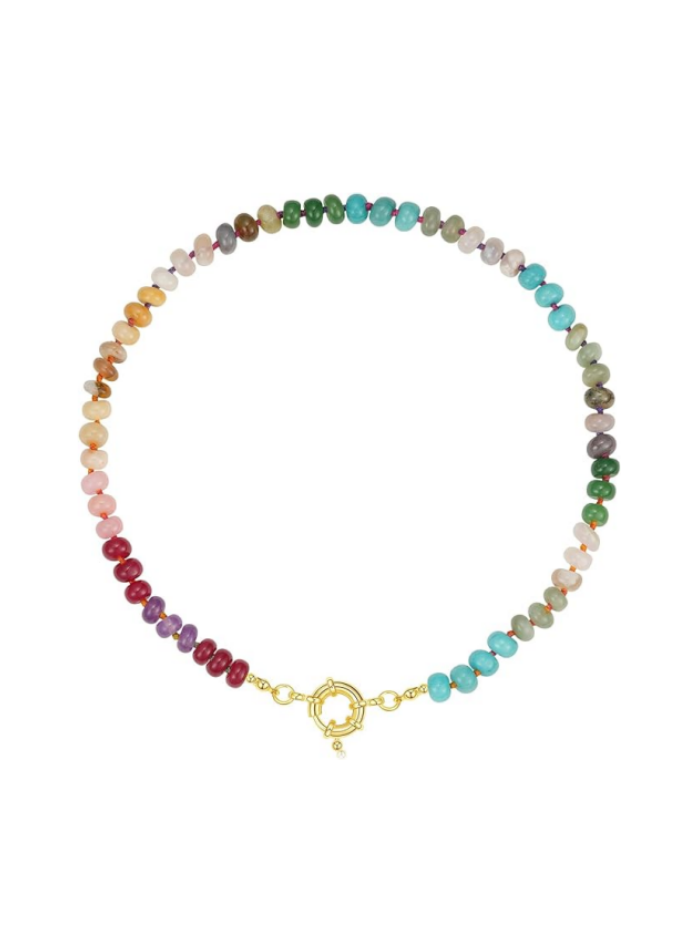 Beaded Gemstone Necklace for Women, Colorful Boho Bead Choker Natural Stone Surfer Beach Necklaces 14K Gold Plated Summer Handmade Jewelry XL-033