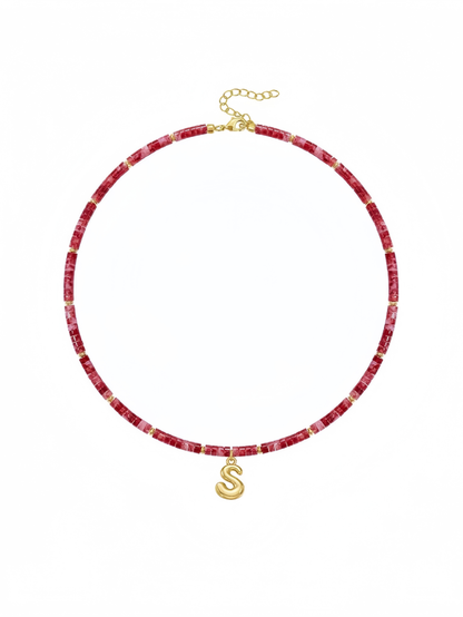 Beaded Initial Necklace for Women, 14K Gilded Plated Bubble Letter Pendant Natural Handmade Stone Choker Boho Colorful Summer Beach Jewelry Gift XL-26