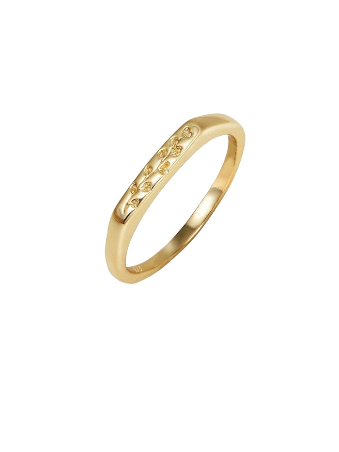 14K Gold Plated Signet Rings for Women Non Tarnish 925 Sterling Silver Dainty Stackable Gold Ring, Waterproof Engraved Flower Thin Band Unique Everyday Jewelry Gift JZ-029