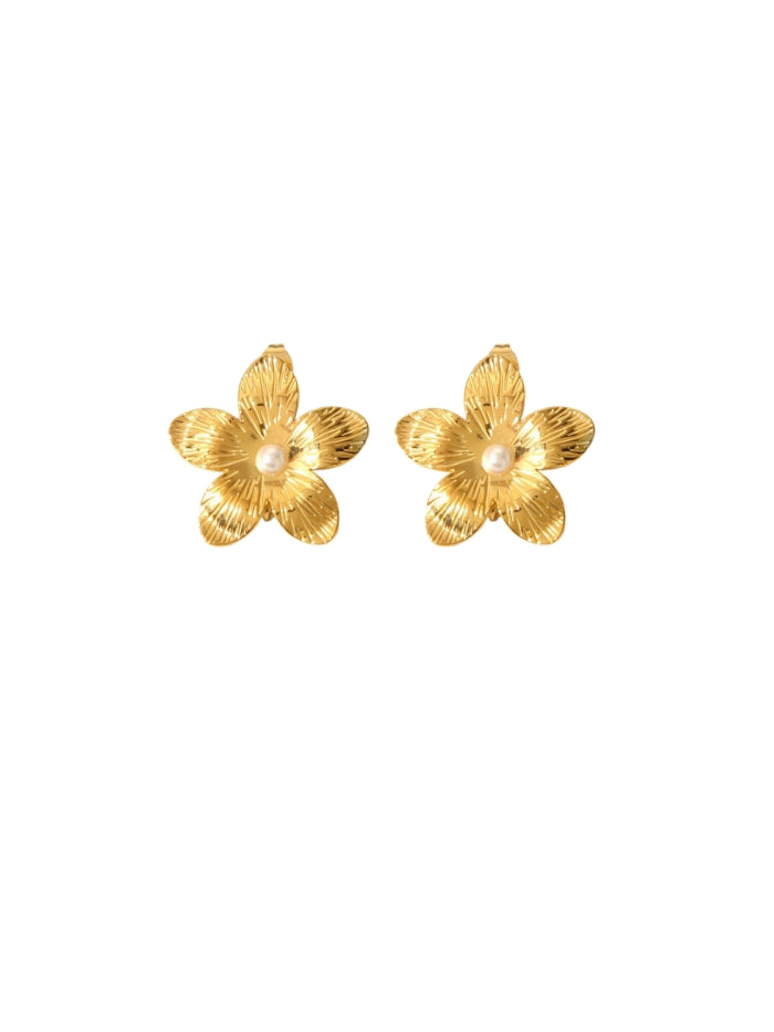 Flower Stud Earrings Pearl Center Five Petals Elegant Design Statement Jewelry Vintage Style Unique Accessories Fashion Earrings Artistic Jewelry EH-055