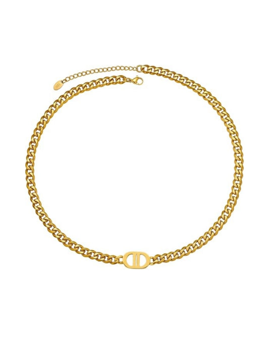Womens 18K Real Gold Plated Initial Necklace Choker with Double D Letter, 6mm 316L Stainless Steel Diamond-Cut Curb Cuban Link Chain(Custom Box and Pouch Packing for Gift) XL-53