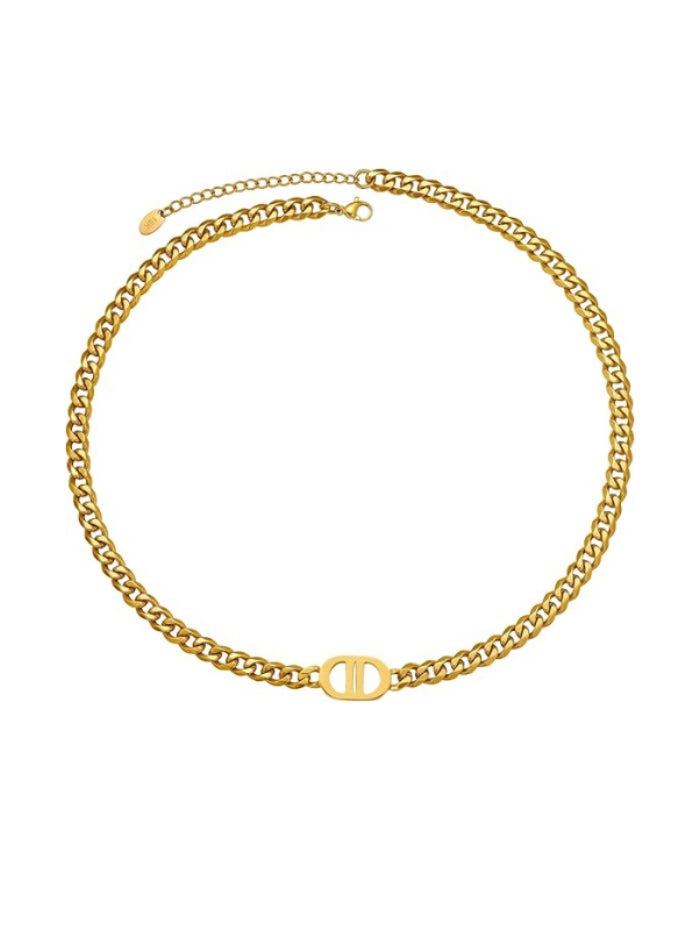 Womens 18K Real Gold Plated Initial Necklace Choker with Double D Letter, 6mm 316L Stainless Steel Diamond-Cut Curb Cuban Link Chain(Custom Box and Pouch Packing for Gift) XL-53