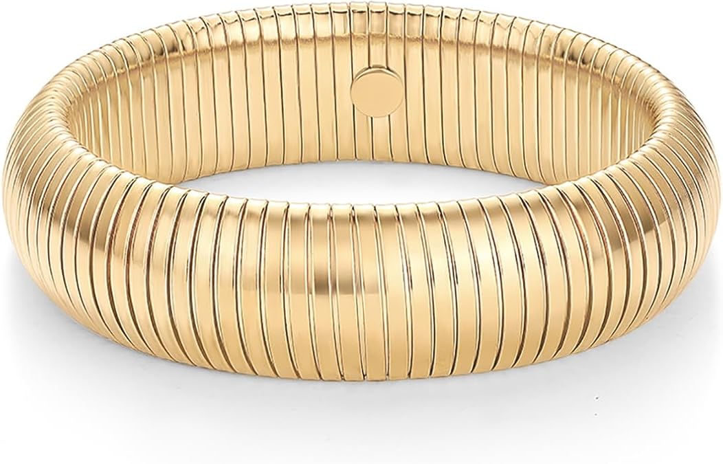 Stainless Steel 14K Gold Plated Waterproof Flexible Stretch Chunky Bangle for Women | Cobra Bracelet SL-012