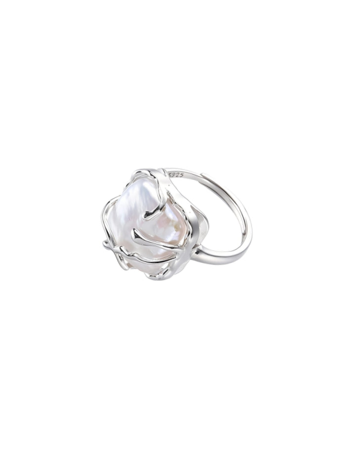 Irregular Pearl Ladies Silver Ring, Baroque Pearl Ring 925 Sterling Silver Ring, Fashion Statement Ring Suitable for Woman Daily Birthday Anniversary Valentine's Day Gift JZ-025