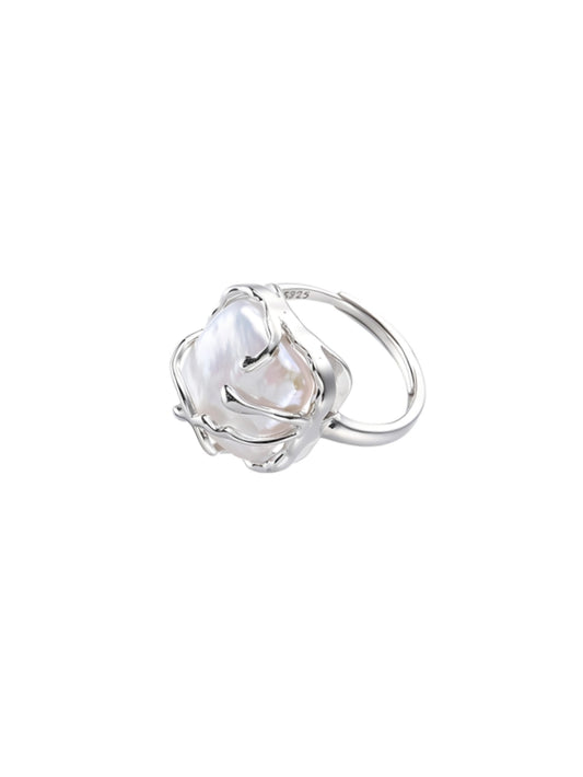 Irregular Pearl Ladies Silver Ring, Baroque Pearl Ring 925 Sterling Silver Ring, Fashion Statement Ring Suitable for Woman Daily Birthday Anniversary Valentine's Day Gift JZ-025