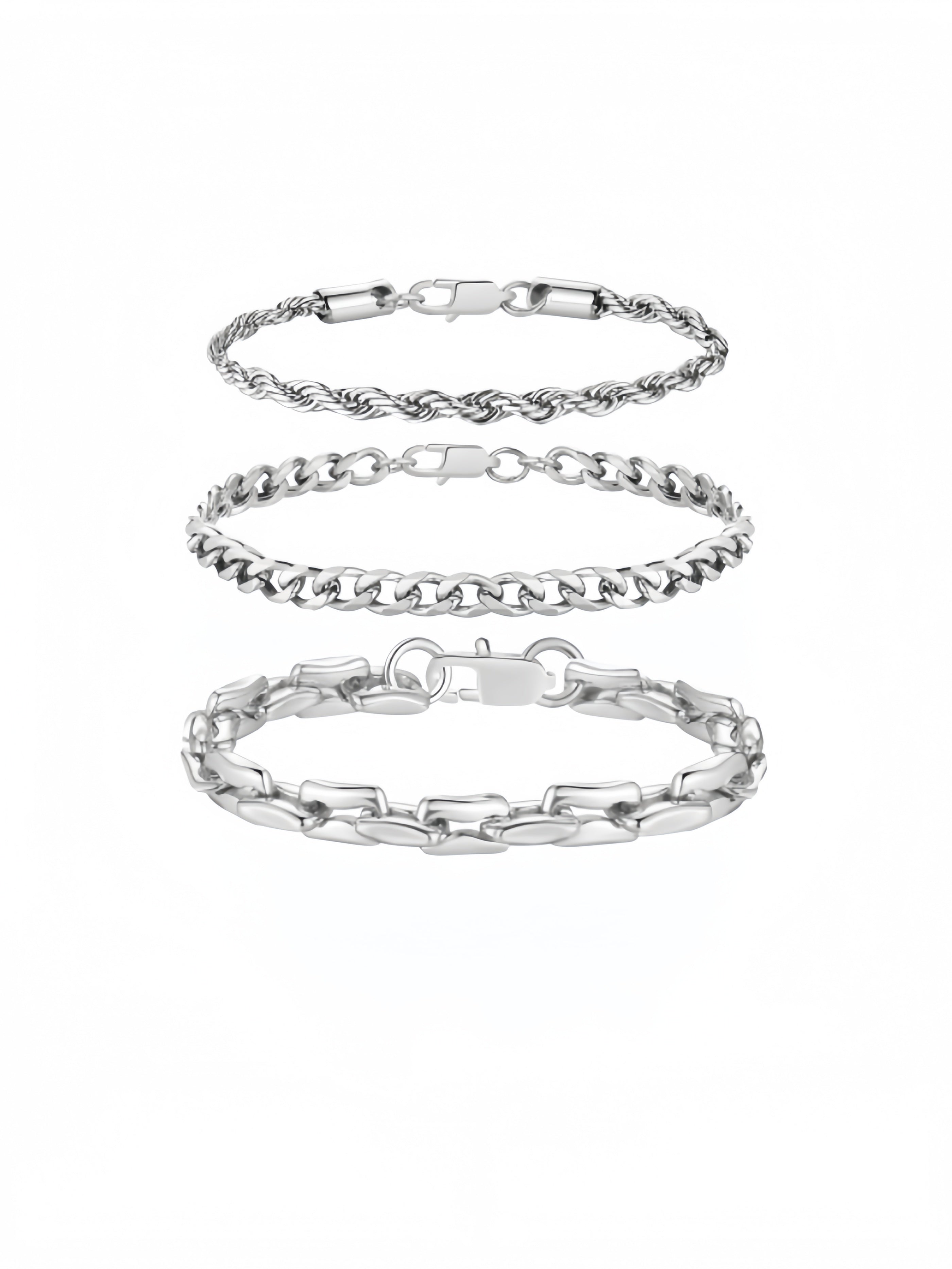 3Pcs Chain Bracelets for Men Women Stainless Steel Paperclip Figaro Rope Cuban Link Chain 6.7/7.5/8.3Inches Unisex Wrist Jewelry Gift SL-007