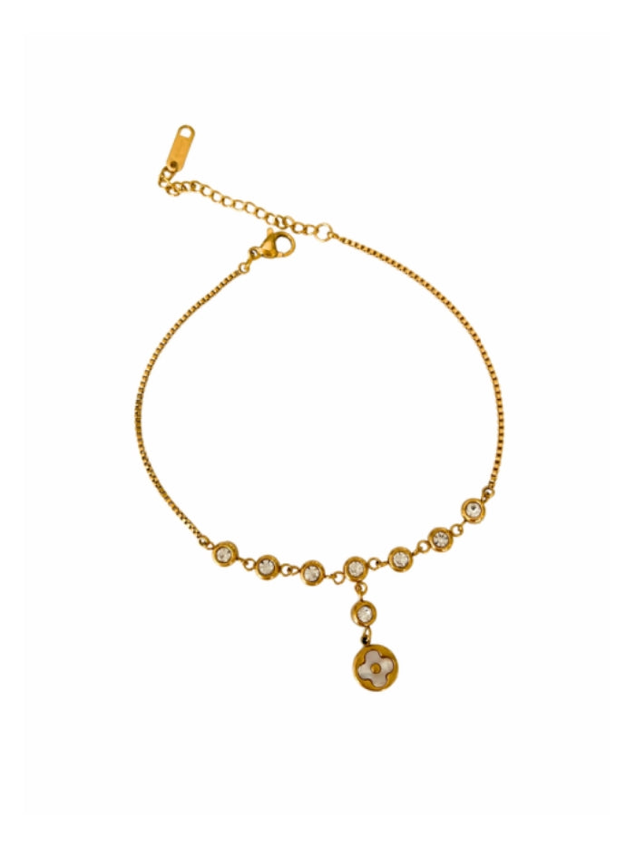 crystal anklet bezel set flower charm gold plated enamel detail adjustable extender minimalist delicate elegant everyday jewelry JL-004
