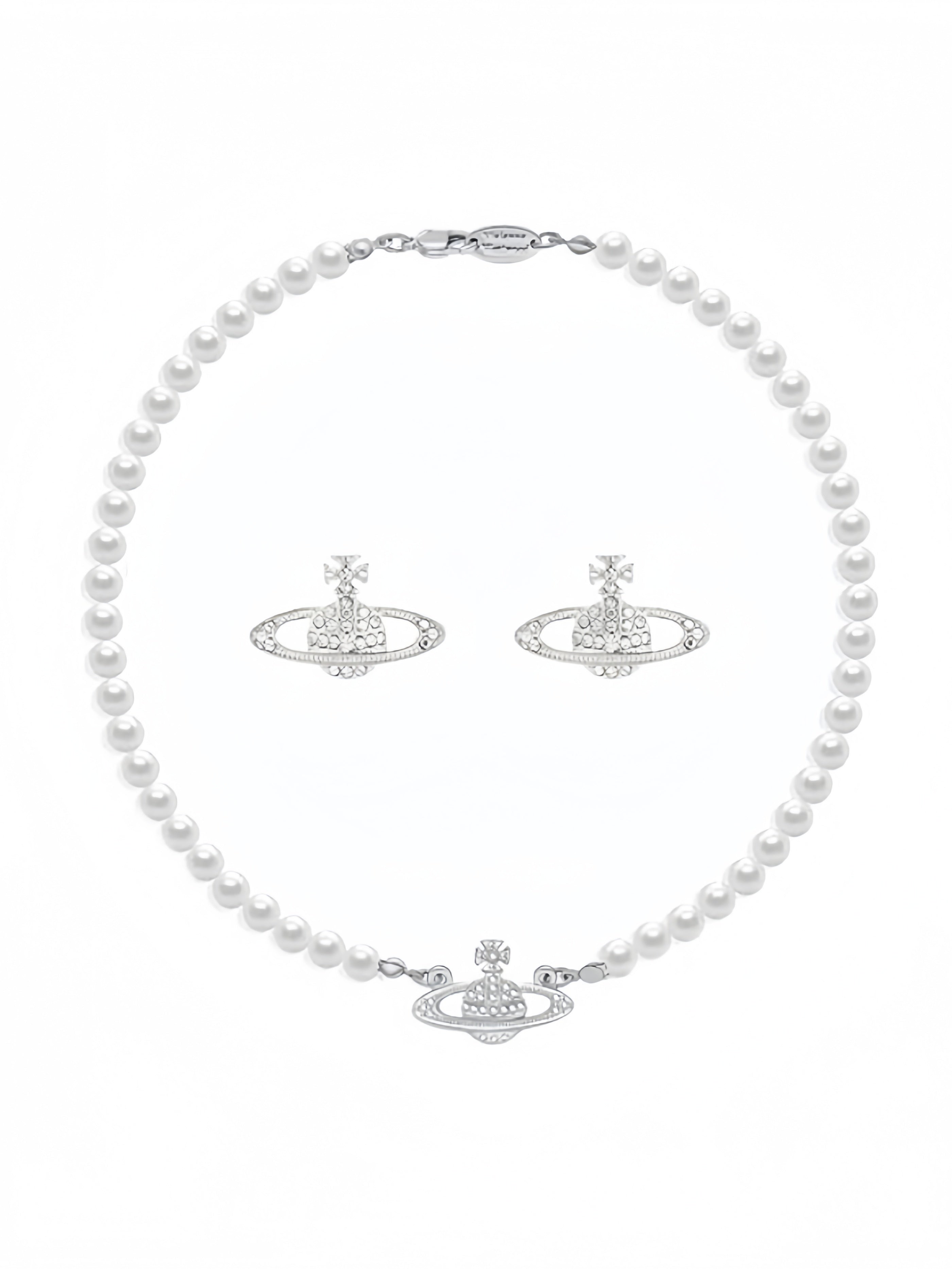 925 Sterling Silver chain Saturn Pearl Necklace White Pearl Choker Necklace for Women Crystal Rhinestone Planet Necklace and Silver Saturn Stud Earrings Set Jewelry Gifts for Birthday Anniversary Christmas Day XL-056