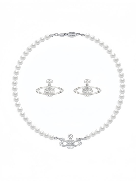 925 Sterling Silver chain Saturn Pearl Necklace White Pearl Choker Necklace for Women Crystal Rhinestone Planet Necklace and Silver Saturn Stud Earrings Set Jewelry Gifts for Birthday Anniversary Christmas Day XL-056