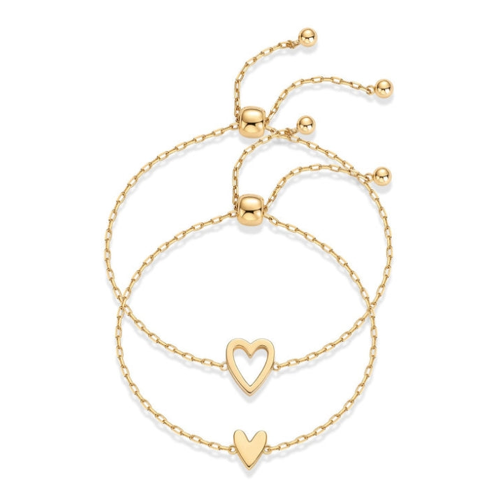14K Gold Plated Matching Heart Charms Solitaire Bracelet Set for Women | Adjustable Love Friendship Two Bracelet Pack SL-017