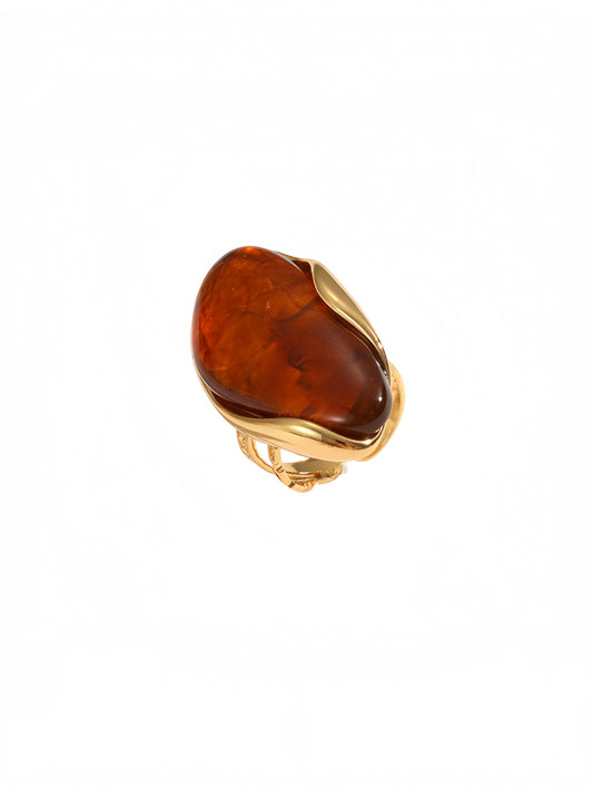 Statement Ring Green Gemstone Gold Plated Irregular Design Adjustable Band Resin Jewelry Vintage Style Elegant Accessories Unique Ring Fashion Jewelry JZ-054