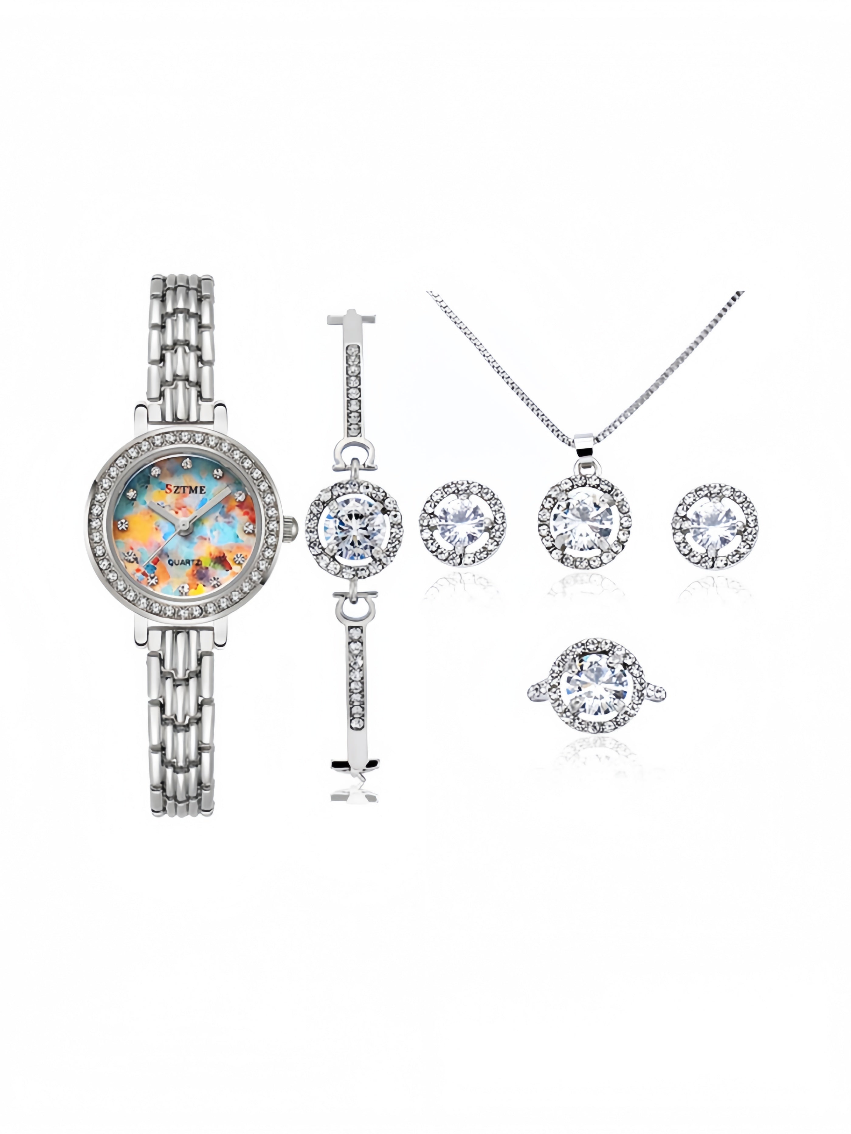 silver jewelry set watch bracelet necklace earrings ring minimalist fashion crystal stainless steel elegant gift party daily wear matching set XL-060