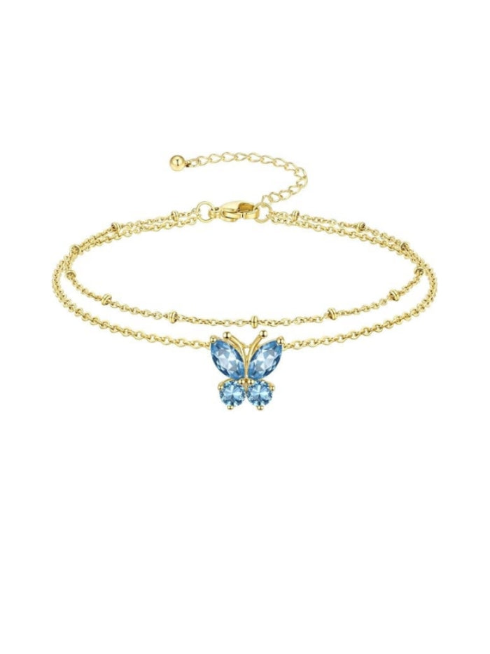 Double Layer Heart/Butterfly Birthstone Anklet for Women Non Tarnish Waterproof, Silver/Gold/Black Stainless Steel 8.5-10.5 Inch Adjustable Chain Anklets Jewelry Gifts for Her JL-050