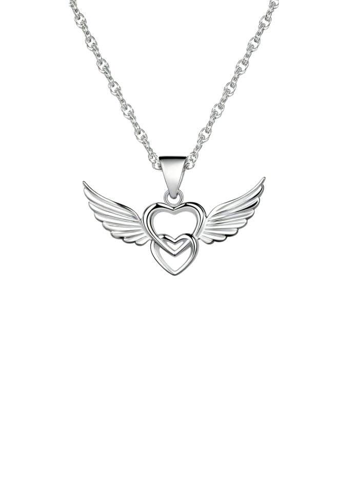 925 Sterling Silver Double Hearts Angel Wings Pendant Necklace,Rose Gold/Silver (Silver) XL-043