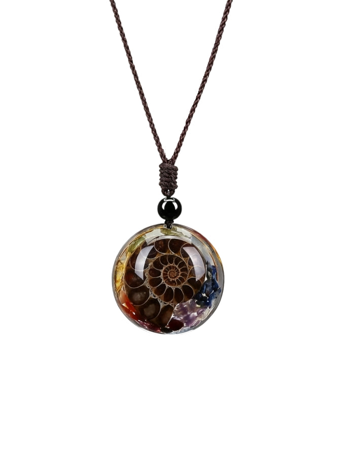 7 Chakra Gemstone Reki Healing Crystal Necklace Round Circle Shape Ammonite Fossil Resin Chip Stones Pendant Necklace for Women Men Life Tree Jewelry Christmas Gifts XL-031