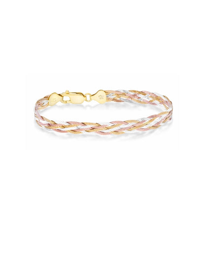 925 Sterling Silver, Tri-Color 18K Gold Plated 6-Strand Diamond-Cut 7mm Braided Herringbone Chain Bracelet for Women SL-025