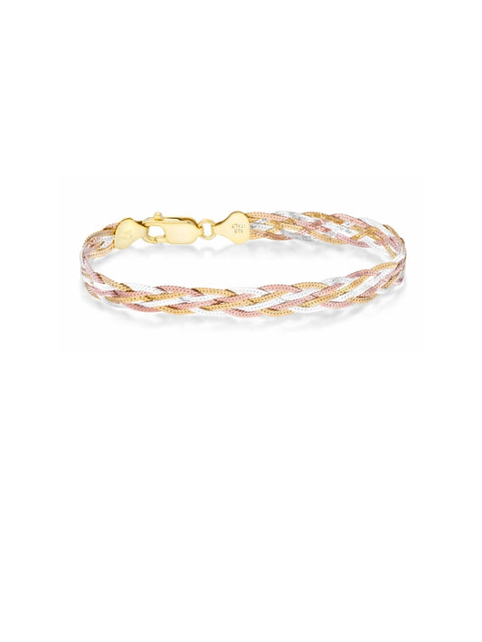 925 Sterling Silver, Tri-Color 18K Gold Plated 6-Strand Diamond-Cut 7mm Braided Herringbone Chain Bracelet for Women SL-025