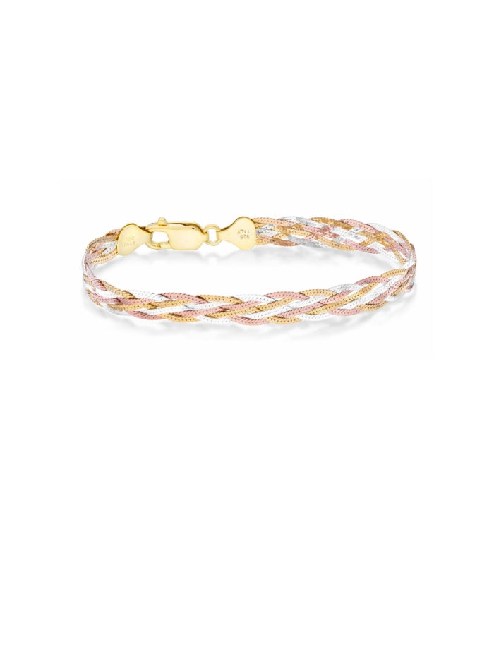 925 Sterling Silver, Tri-Color 18K Gold Plated 6-Strand Diamond-Cut 7mm Braided Herringbone Chain Bracelet for Women SL-025