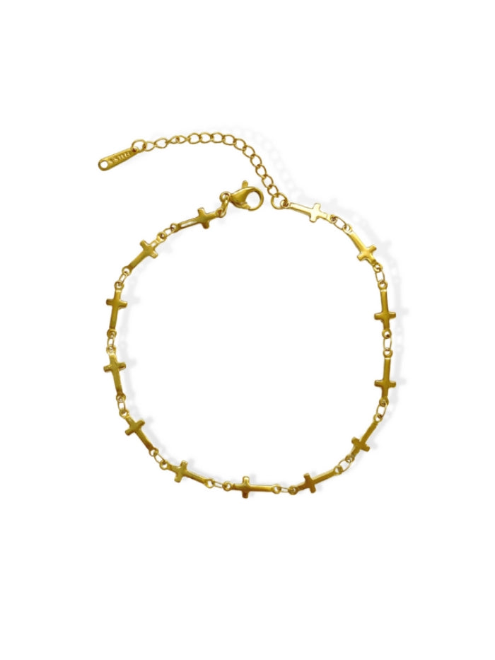 cross anklet gold plated mini cross charms station chain adjustable extender dainty style minimalist jewelry everyday wear stacking friendly gift for her JL-005