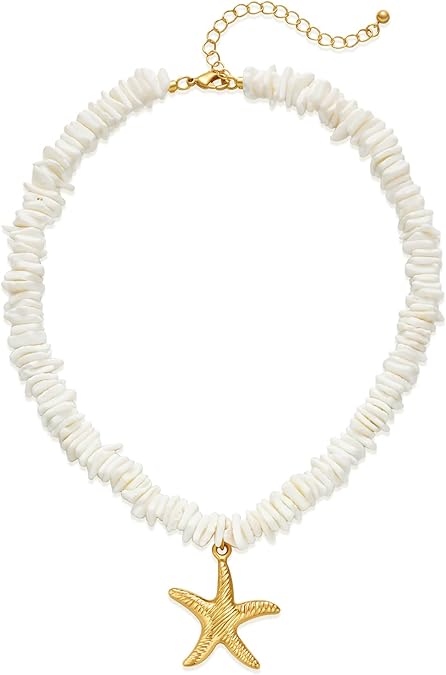 White Puka Shell Necklace for Men, Seashell Necklaces with Clam Chip Beads for Women, Beach Pooka VSCO Choker, Hawaiian Heishi Puca Surfer Chokers, Beachy Pooka Beaded Summer Necklace XL-015